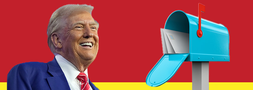 Trump smirking and a mail box with a letter going in